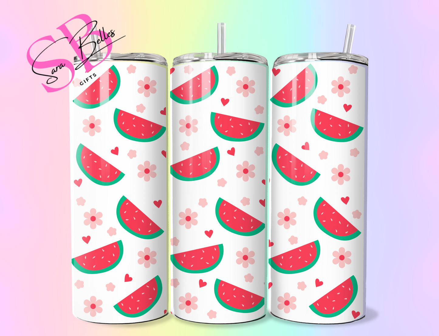 Summer Love 20oz Tumbler – Watermelon, Flowers & Pink Hearts Stainless Steel Cup with Straw & Lid
