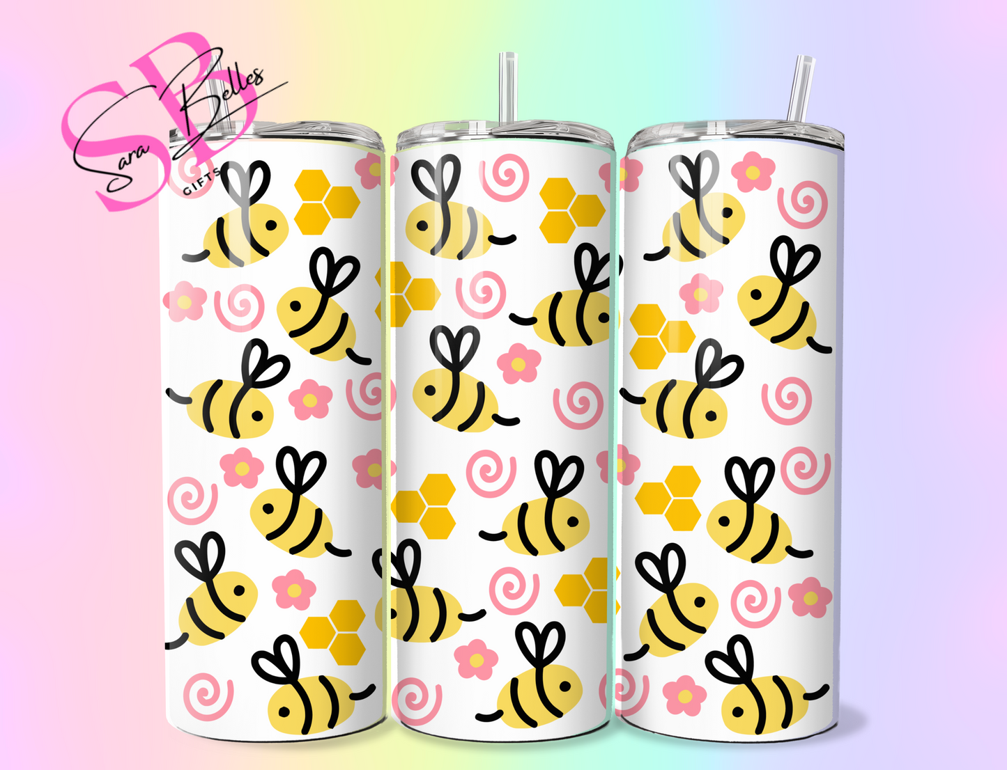 Sweet as Can Bee 20oz Tumbler – Cute Bees & Pink Floral Stainless Steel Cup with Straw & Lid