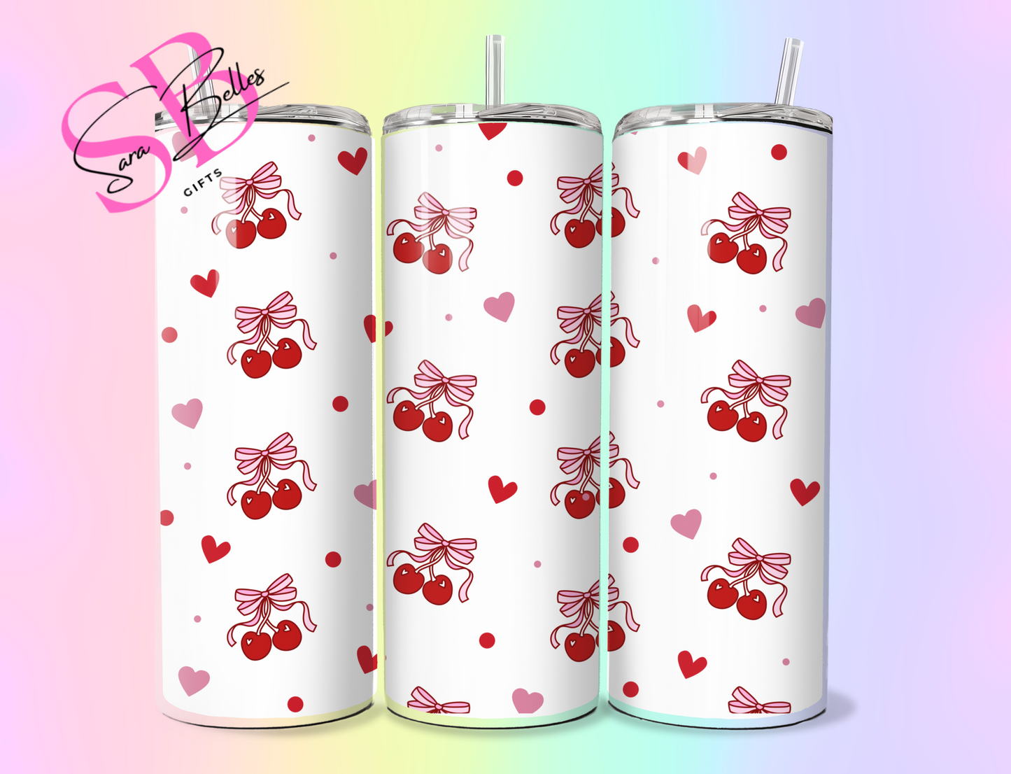 Cherry Print 20oz Tumbler – Cute Red Fruit Stainless Steel Cup with Lid & Straw