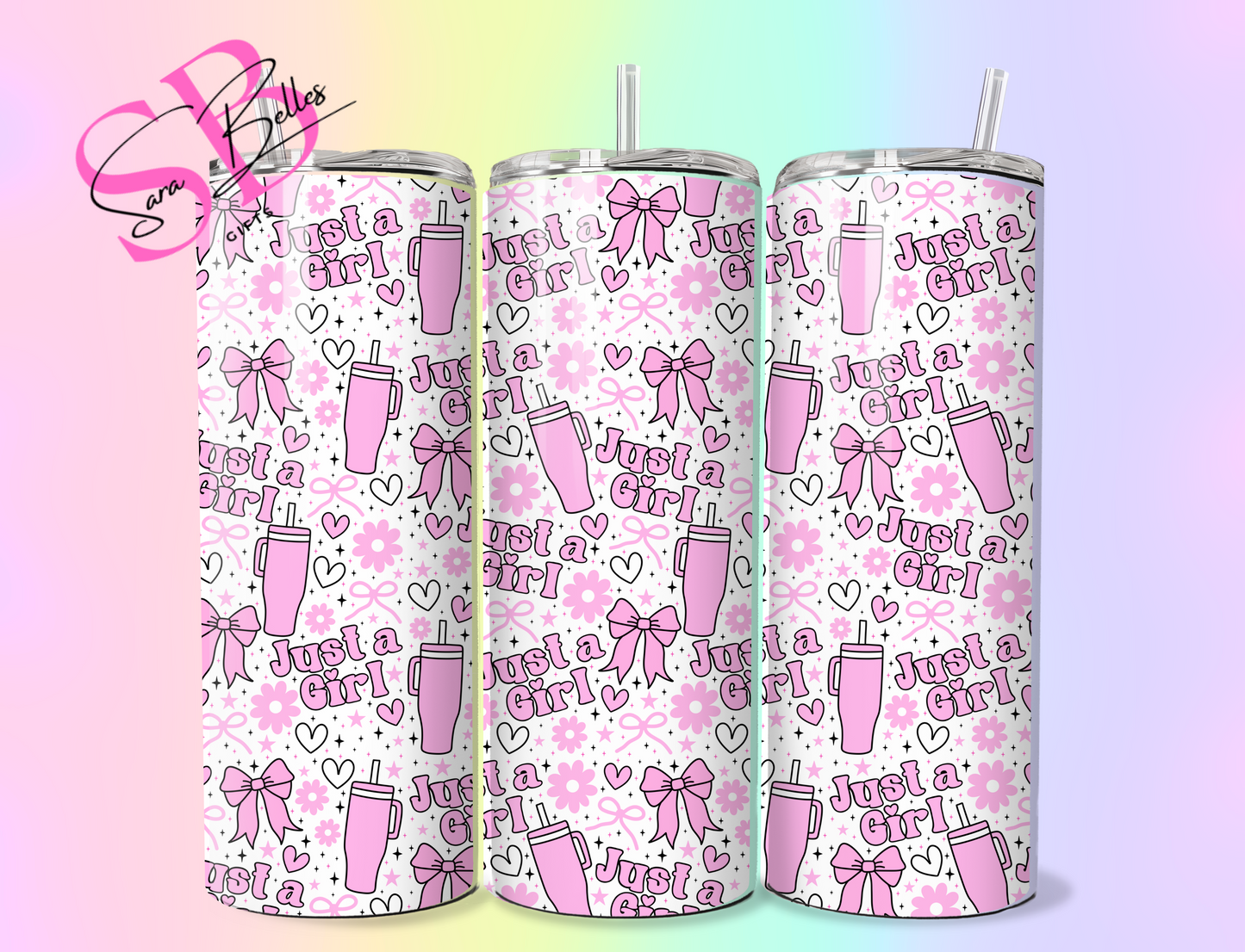 Just a Girl 20oz Tumbler with Lid & Straw – Soft Girl Aesthetic Pink Bow Stainless Steel Tumbler