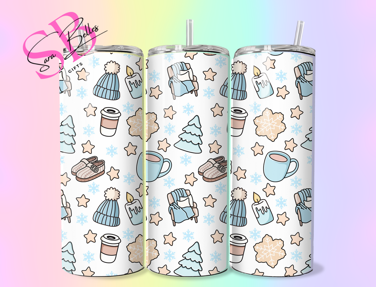 Blue Cozy Winter 20oz Tumbler – Snowy Season Stainless Steel Cup with Straw for Hot & Cold Drinks