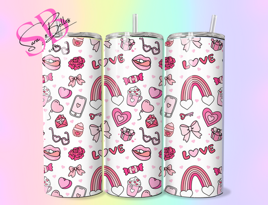 Pink Girly Love 20oz Tumbler – Cute Heart Design Stainless Steel Cup with Straw for Sweet Vibes