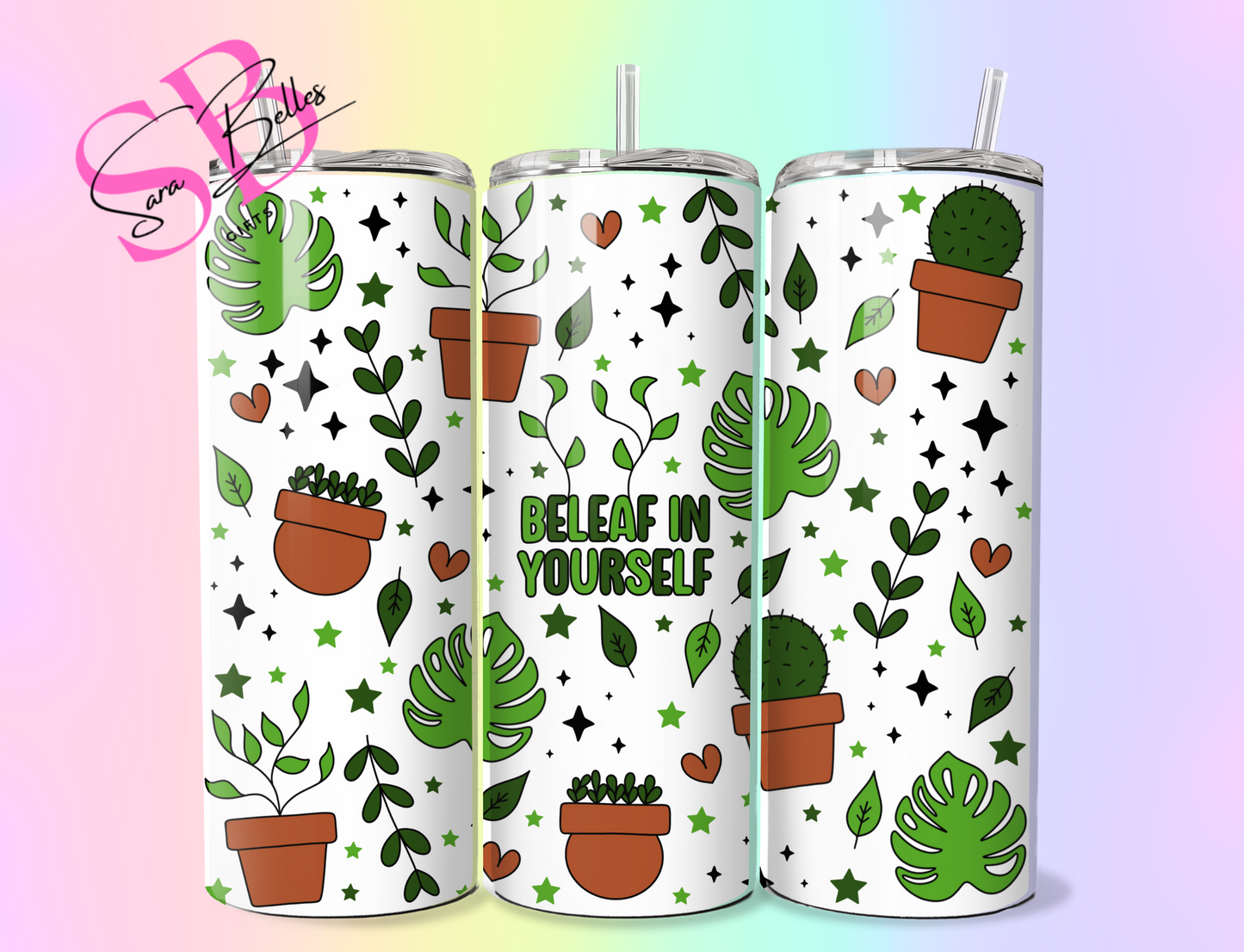 Beleaf In Yourself 20oz Tumbler – Cactus & Monstera Design Skinny Straight Stainless Steel Tumbler