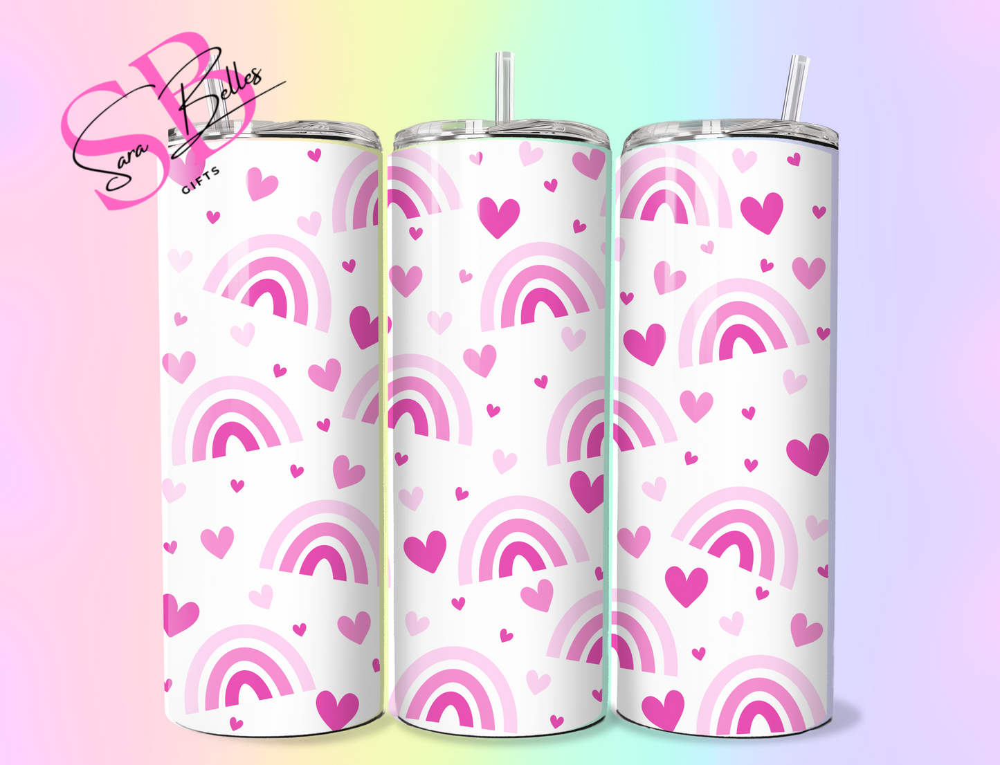 Pink Rainbows and Hearts 20oz Tumbler – Stainless Steel Cup with Lid & Straw for Cute Drink Lovers