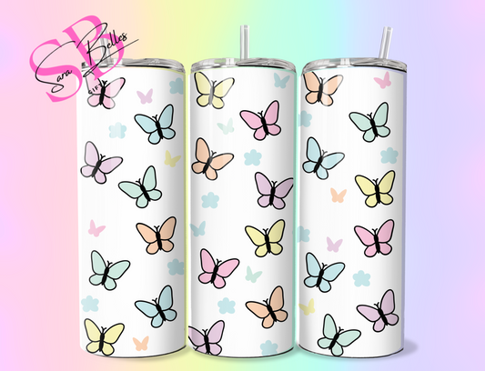 Pastel Butterfly Bliss 20oz Tumbler – Soft Aesthetic Stainless Steel Cup with Straw & Lid