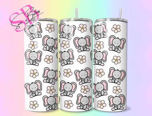 Blush Baby Elephant 20oz Tumbler – Floral Safari Stainless Steel Cup with Straw & Lid