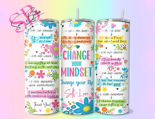 Change Your Mindset 20oz Tumbler – Self-Love Floral Affirmation Stainless Steel Cup with Straw & Lid