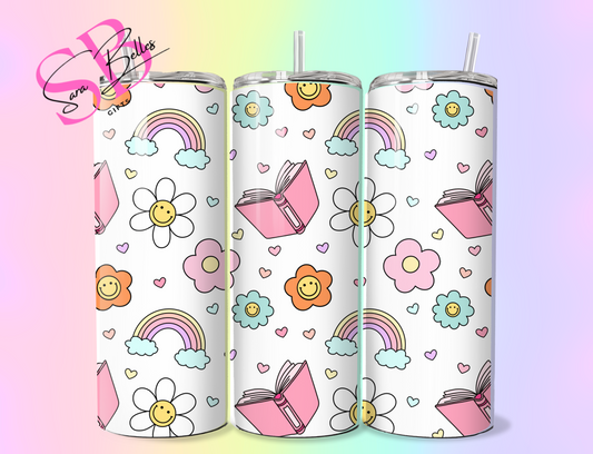 Happy Flowers, Books & Rainbows 20oz Tumbler – Cute Colourful Stainless Steel Cup with Straw