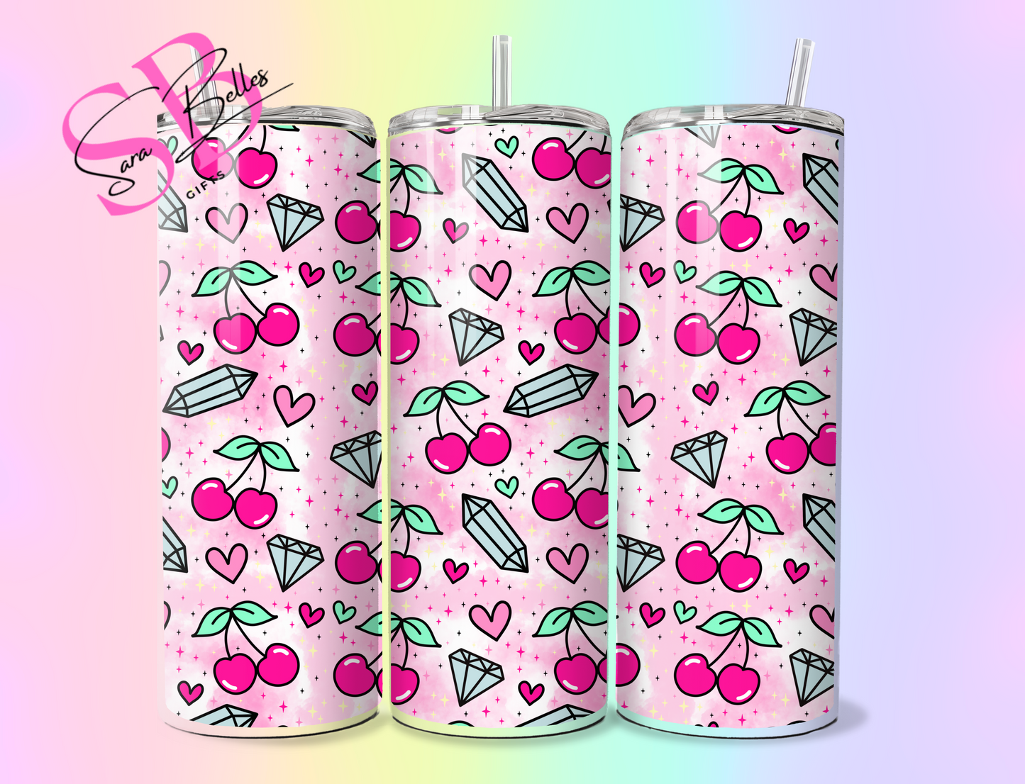 Cherry Crystal 20oz Tumbler – Sparkling Red Cherry Design Stainless Steel Skinny Cup with Lid & Straw