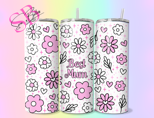 Best Mum 20oz Tumbler – Pink Floral Stainless Steel Tumbler with Straw & Lid