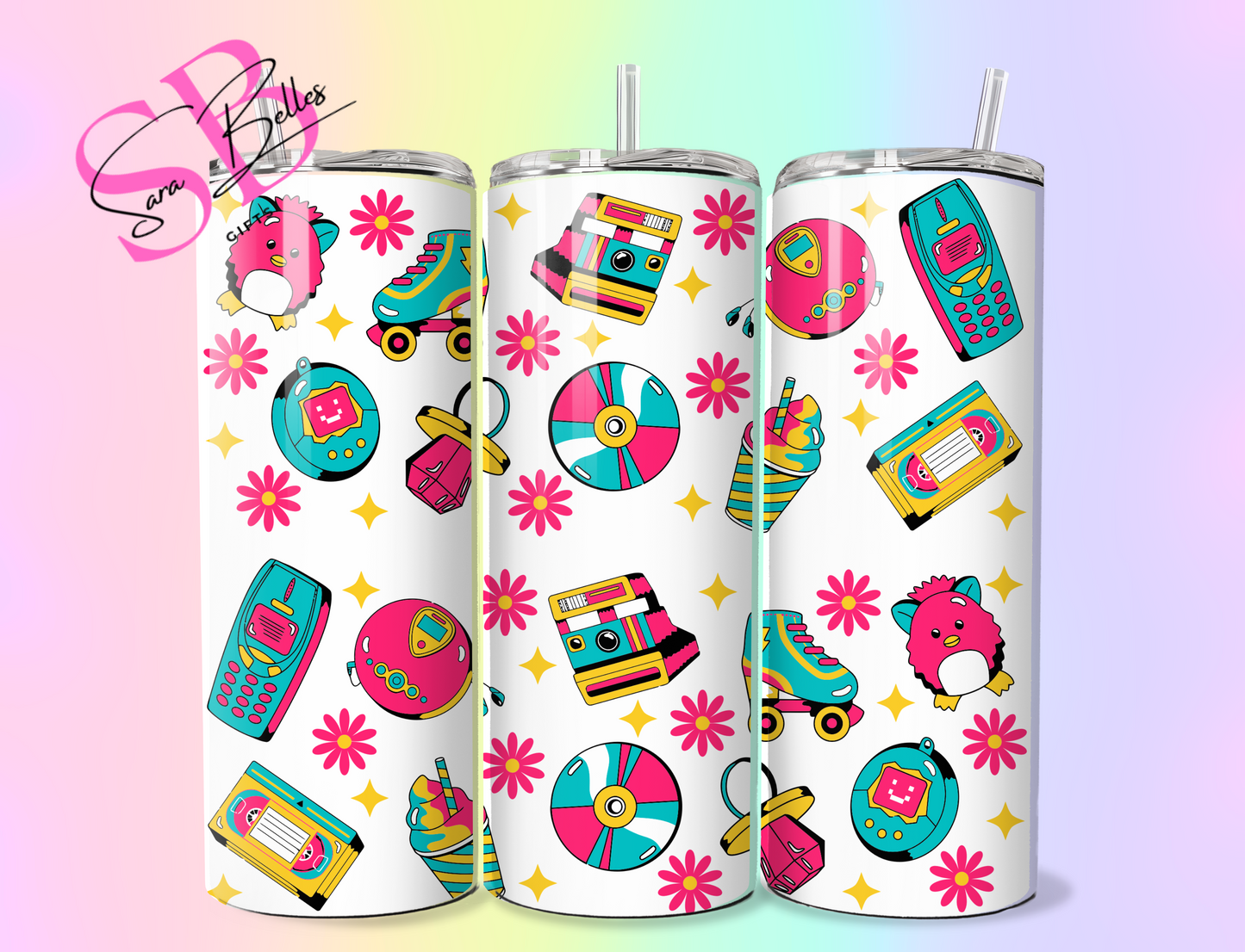 Retro 90s Vibes 20oz Tumbler – Bold Neon Aesthetic Stainless Steel Cup with Straw & Lid