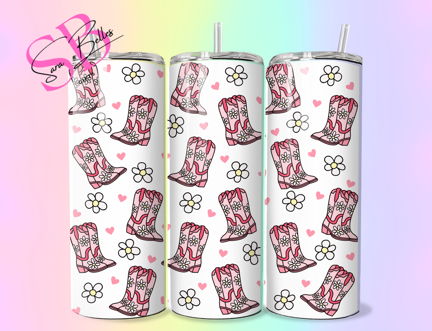 Blush Boots & Blooms 20oz Tumbler – Pink Cowgirl Floral Western Cup with Straw & Lid