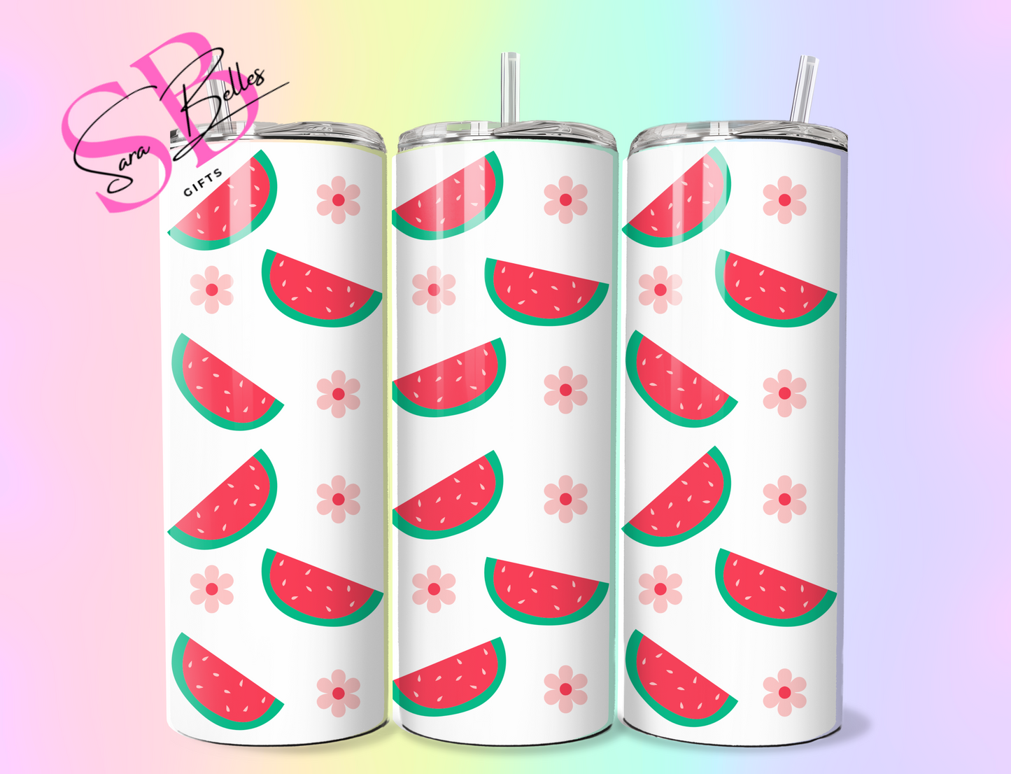 Floral Watermelon Splash 20oz Tumbler – Summer Fruit & Flowers Stainless Steel Cup with Straw & Lid