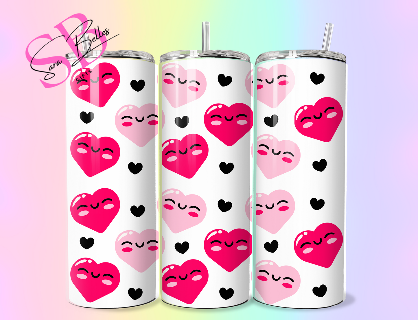Pink Happy Hearts 20oz Tumbler – Cute Heart Design Stainless Steel Cup with Straw & Lid