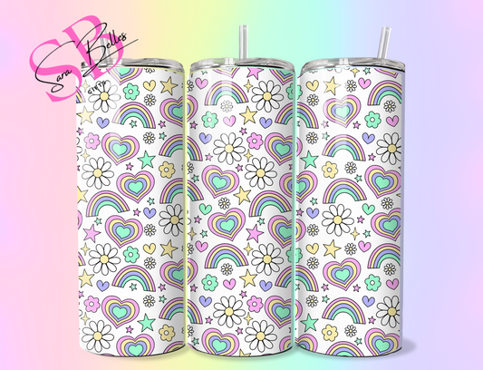 Pastel Rainbow Positivity 20oz Tumbler – Seamless Floral Rainbow Print Stainless Steel Cup with Straw & Lid