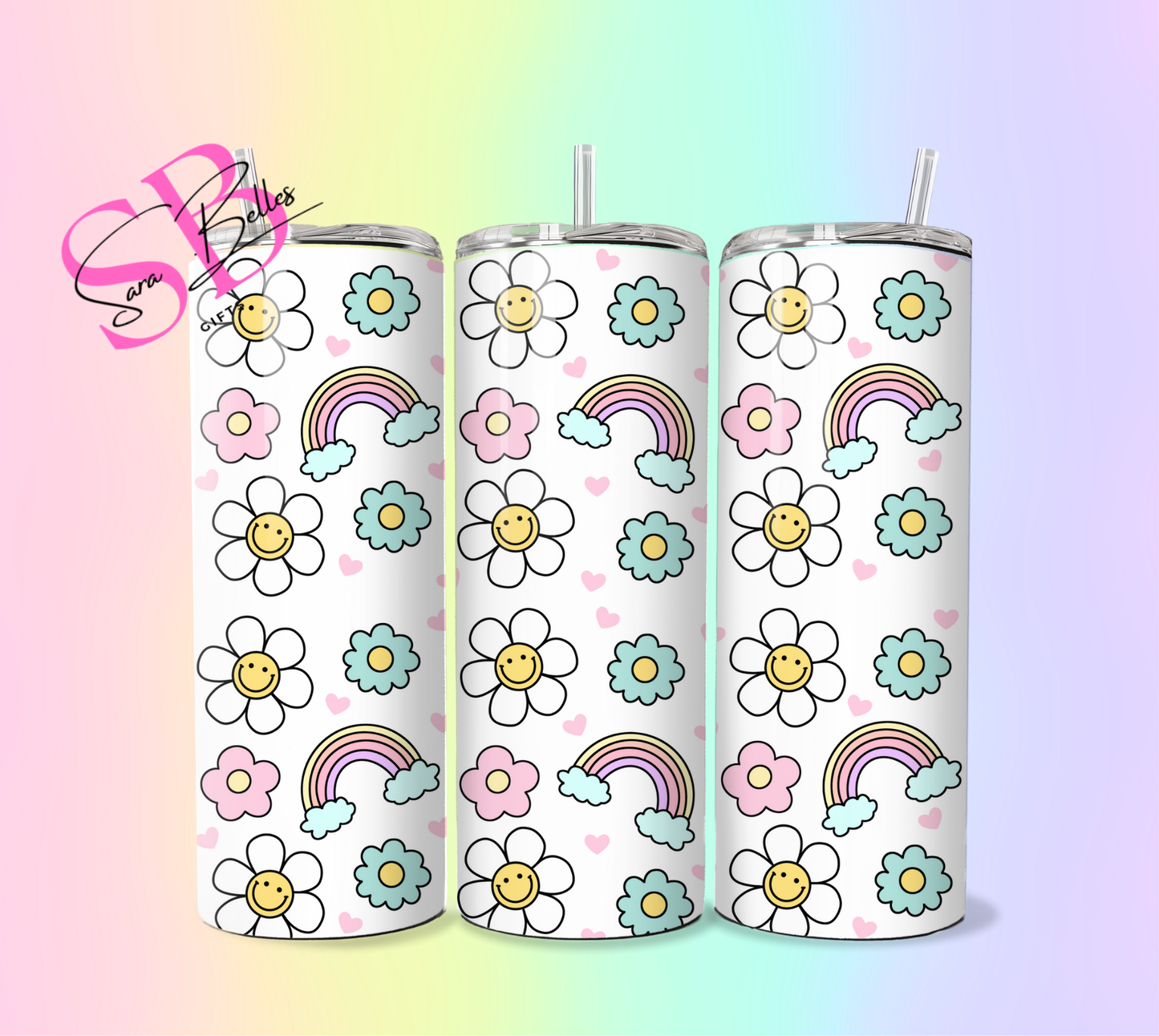 Happy Rainbow & Daisy 20oz Tumbler – Cute Aesthetic Stainless Steel Travel Cup with Retro Flower Power Vibes