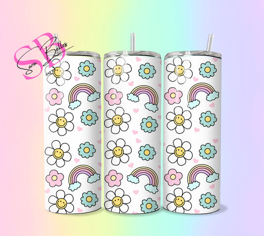 Happy Rainbow & Daisy 20oz Tumbler – Cute Aesthetic Stainless Steel Travel Cup with Retro Flower Power Vibes