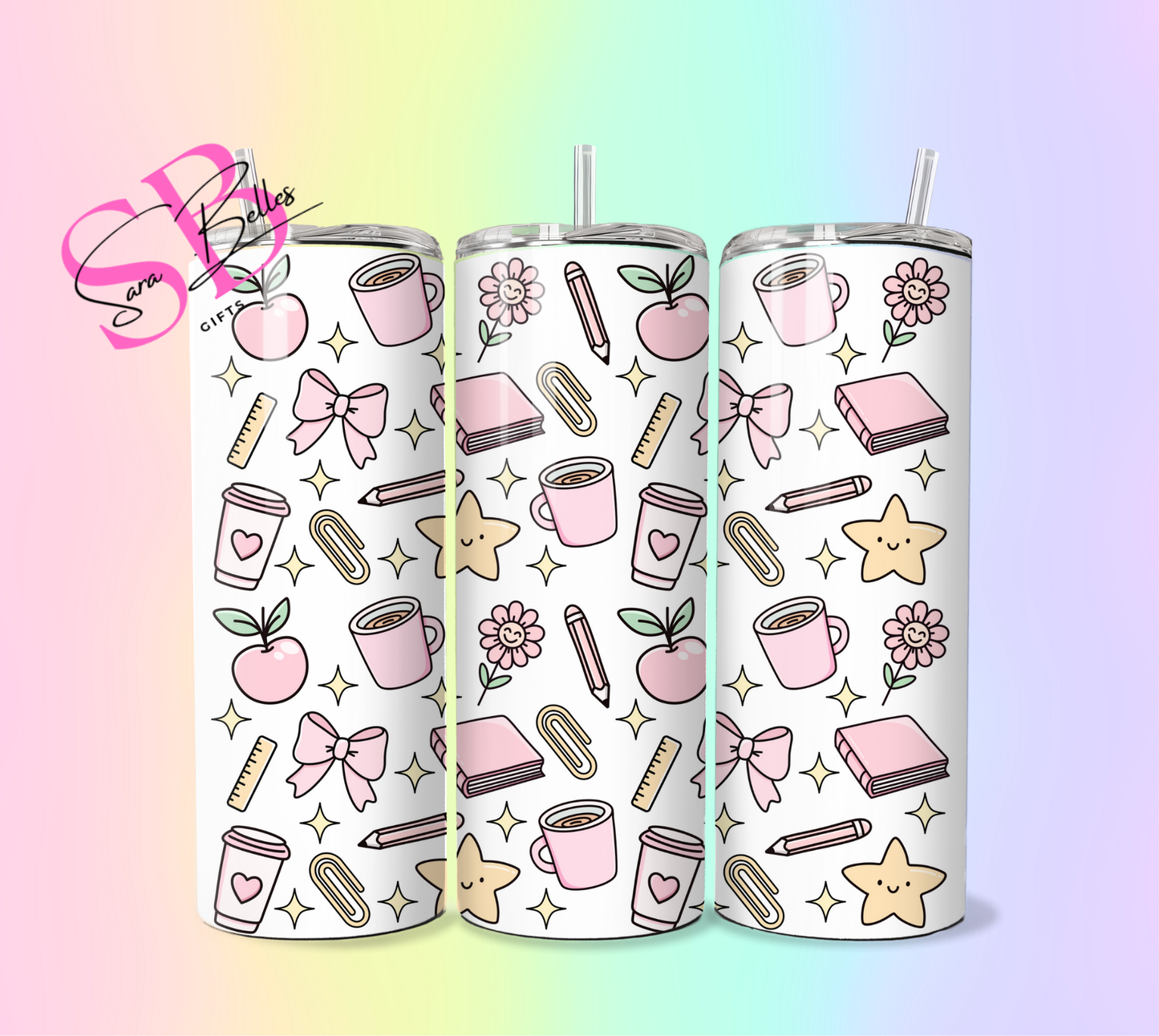 Girly Teacher 20oz Tumbler – Cute Pink Classroom Icons Stainless Steel Cup with Straw for Coffee & Cold Drinks