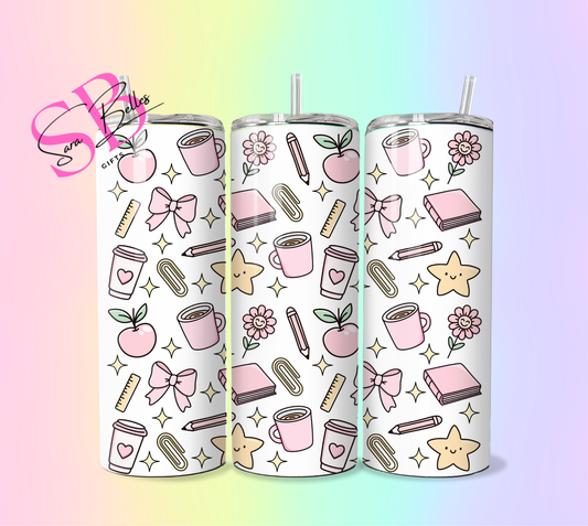 Girly Teacher 20oz Tumbler – Cute Pink Classroom Icons Stainless Steel Cup with Straw for Coffee & Cold Drinks