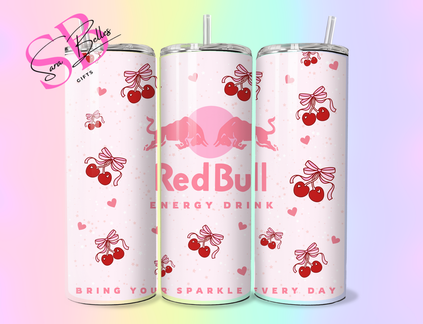 Cherry Energy 20oz Tumbler – Red Bull Inspired Stainless Steel Skinny Cup with Lid & Straw