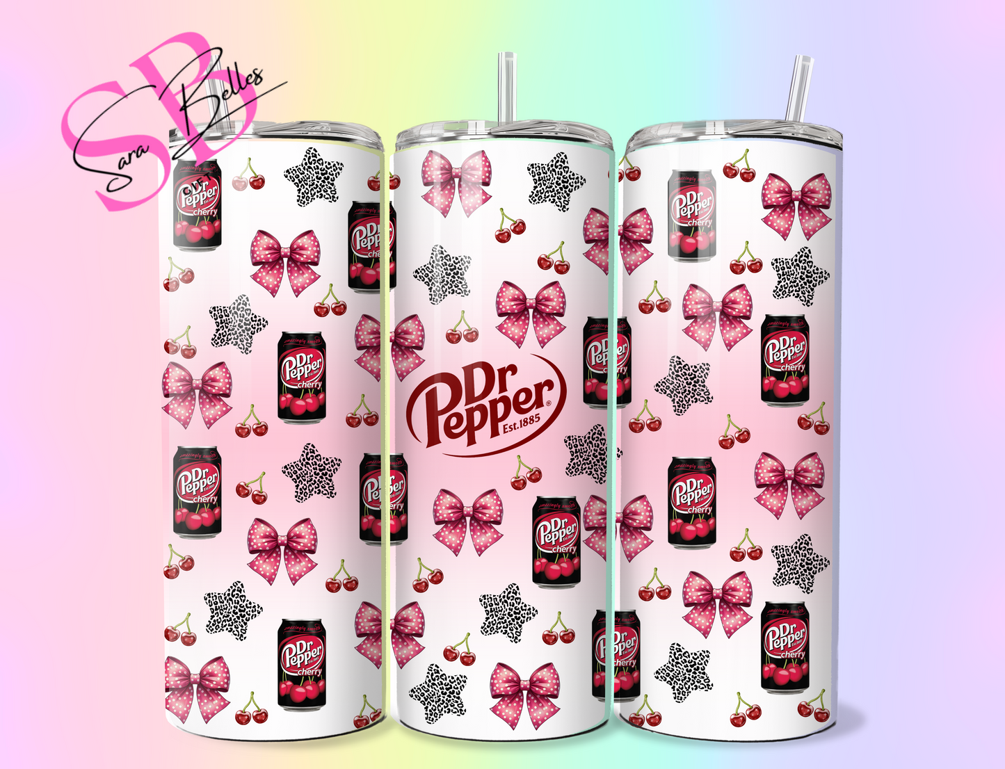 Cherry Soda Coquette 20oz Tumbler – Pink Bows & Dr Pepper-Inspired Stainless Steel Cup with Straw & Lid