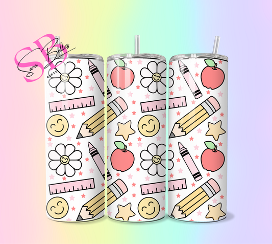 Happy Teacher 20oz Tumbler – Cute Apple, Crayon & Daisy Design | Insulated Stainless Steel Cup with Straw