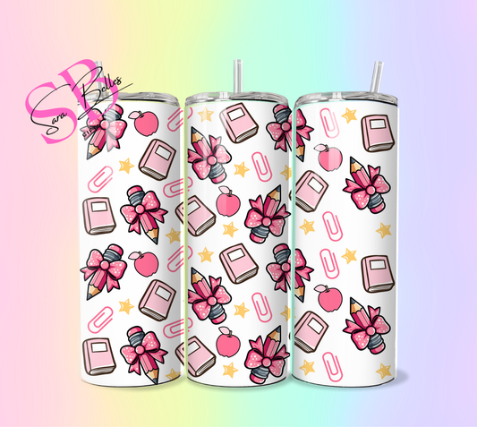 Teacher Life 20oz Tumbler – Pink Bows & Pencils Aesthetic Stainless Steel Cup for Cute Classroom Vibes