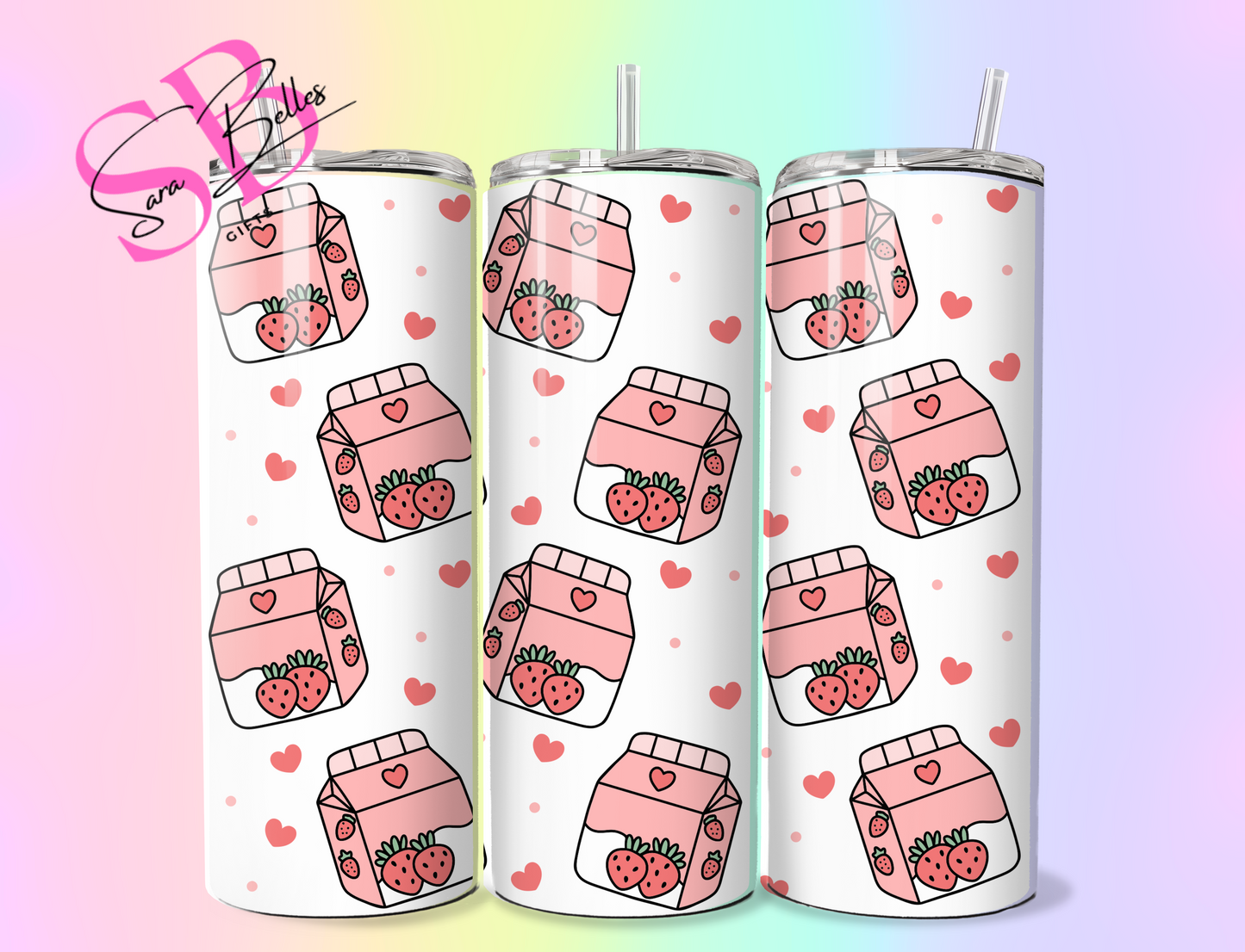 Strawberry Milkshake 20oz Tumbler – Kawaii Carton Print Stainless Steel Cup with Straw & Lid