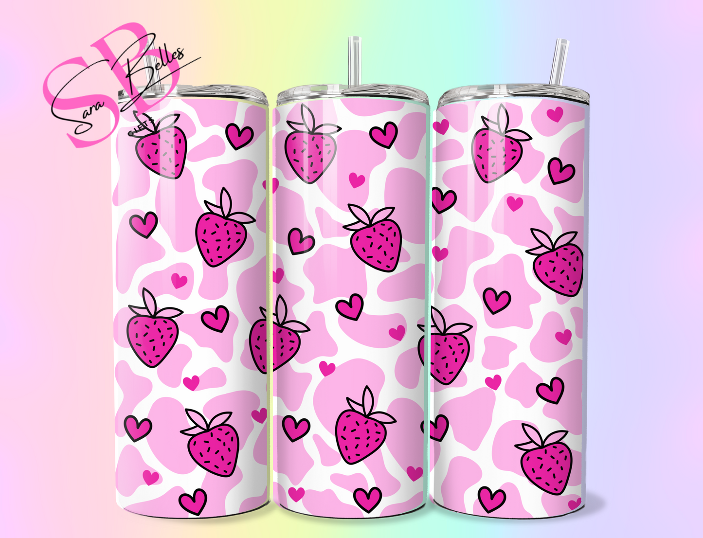 Strawberry Milk Cow Print 20oz Tumbler – Kawaii Pink Stainless Steel Cup with Straw & Lid