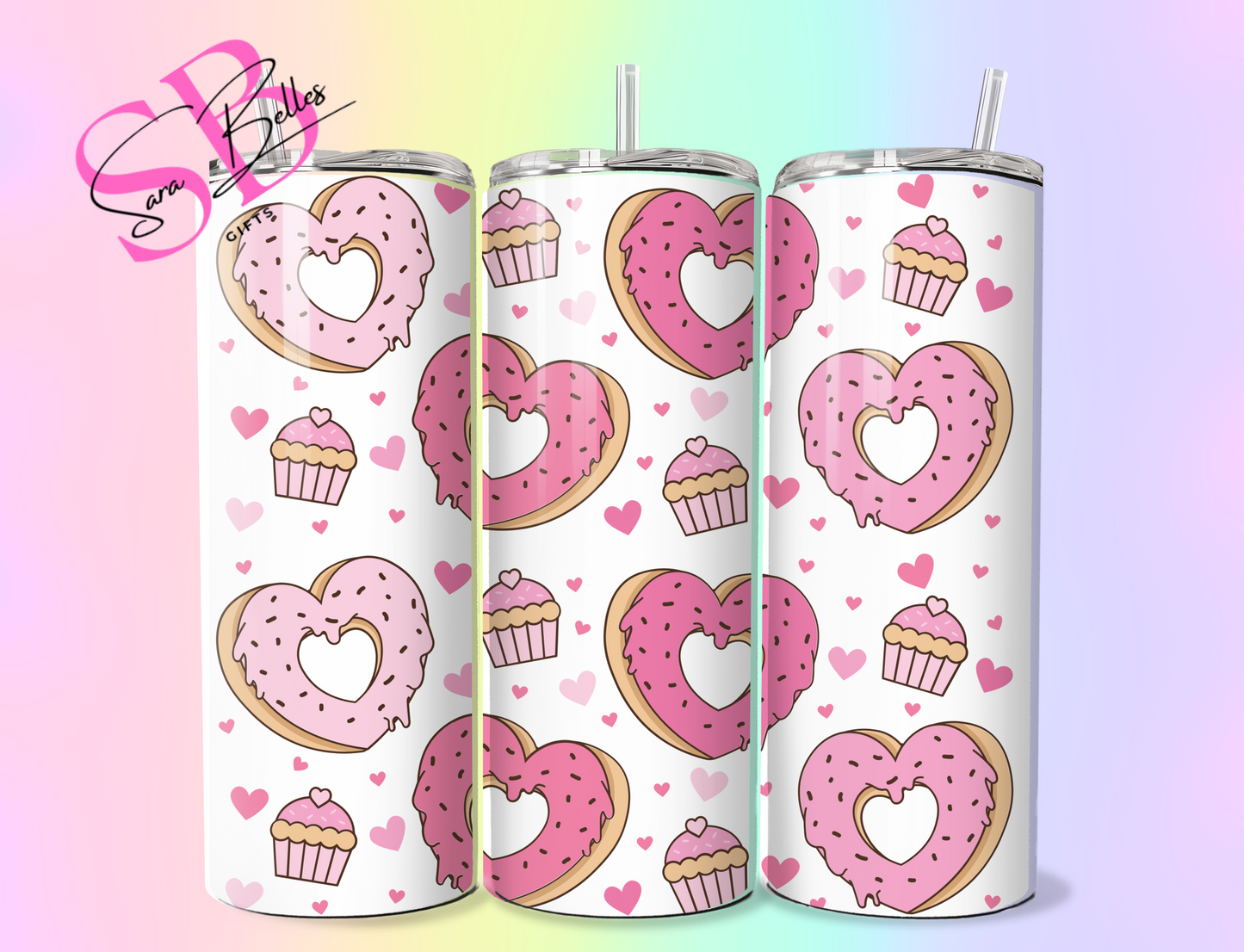 Sweetheart Snacks 20oz Tumbler – Pink Cupcake & Heart Doughnut Stainless Steel Cup with Straw & Lid