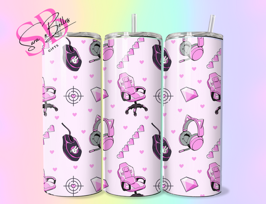 Pink Girl Gamer 20oz Tumbler – Cute Gaming Themed Stainless Steel Cup with Straw for Gamers