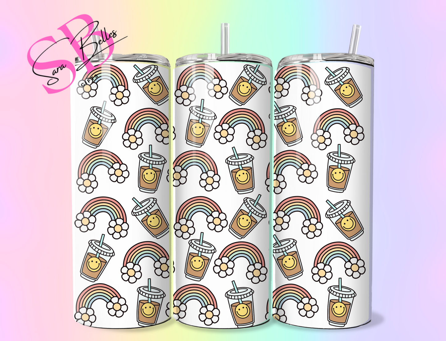 Rainbow Iced Coffee 20oz Tumbler – Colourful Café Vibes Stainless Steel Cup with Straw & Lid