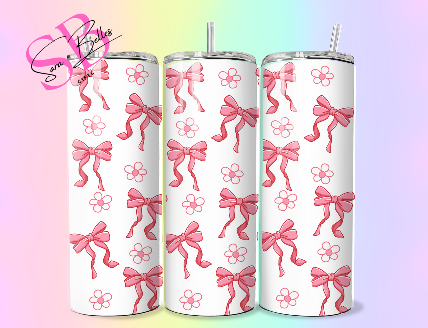 Blushing Bows & Blooms 20oz Tumbler – Pink Floral & Ribbon Stainless Steel Cup with Straw & Lid
