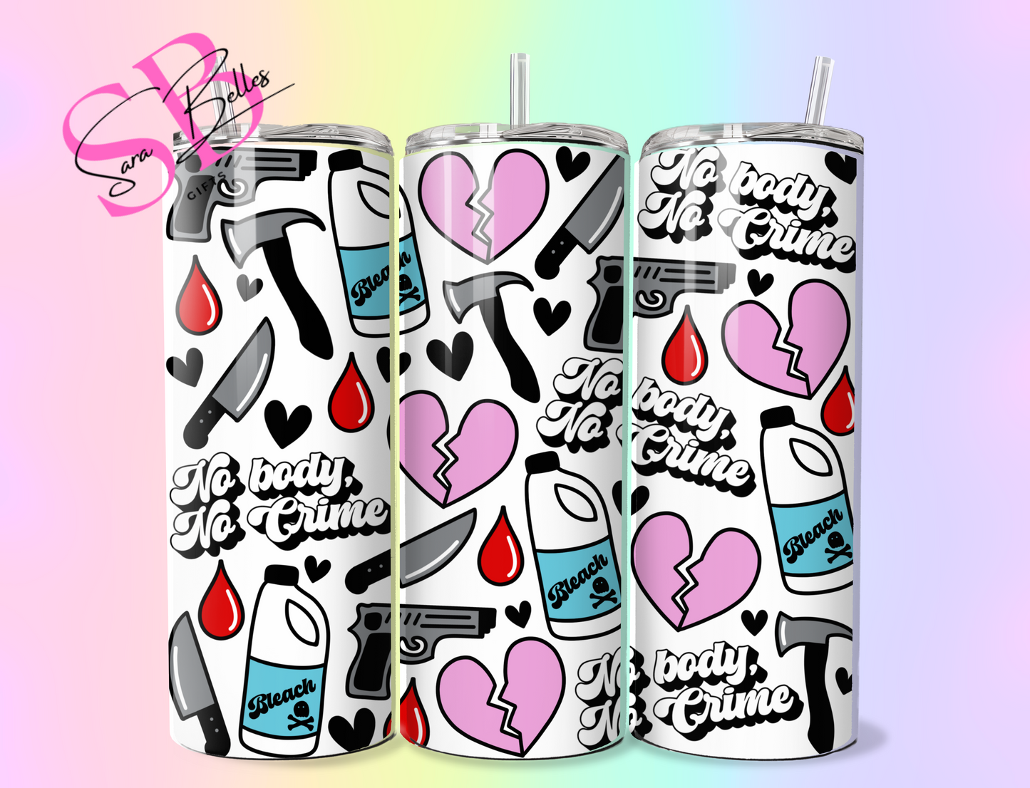 No Body No Crime 20oz Tumbler – True Crime Inspired Stainless Steel Cup with Lid & Straw